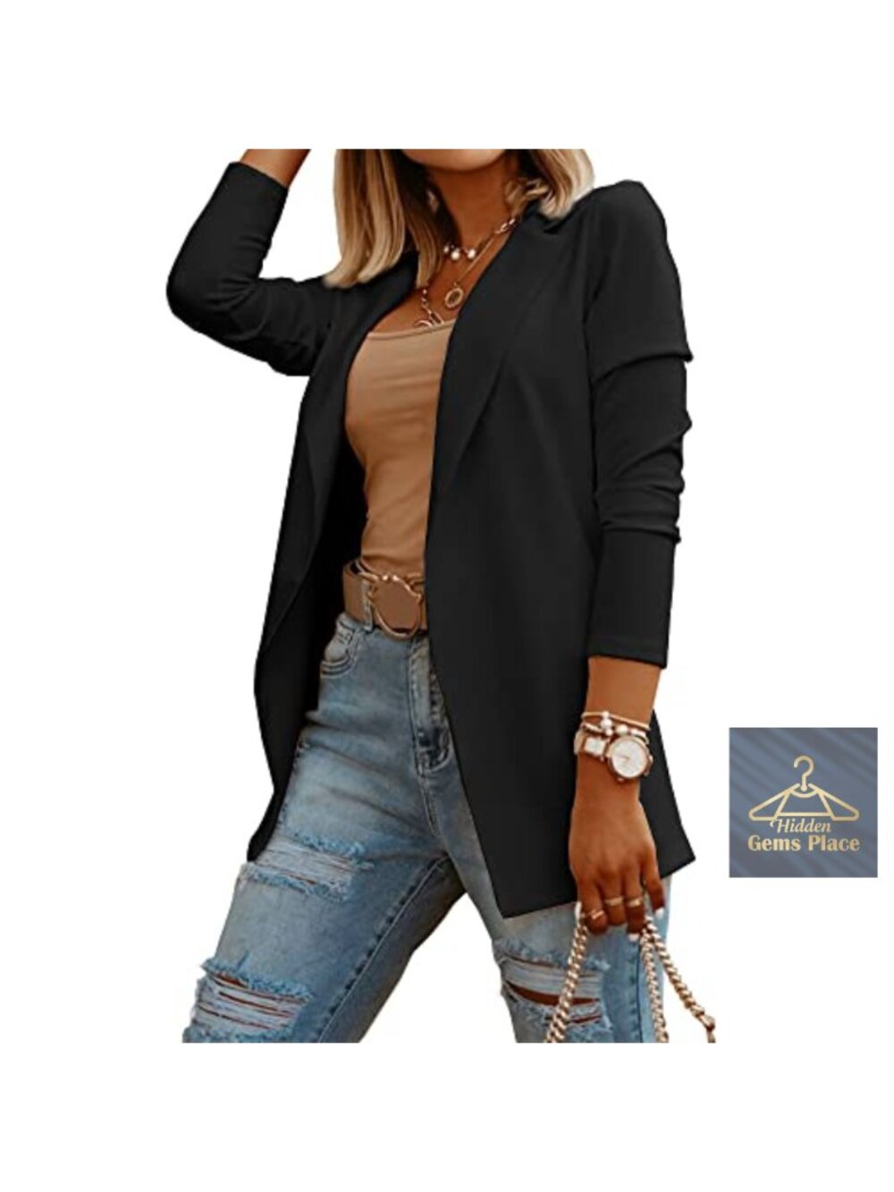 Women's Open Front Knit Blazer Casual Work Long Sleeve Stretch Cotton Blend